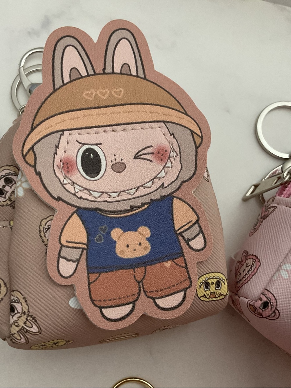 Lot of 2 Labubu Mini Backpack Keychain Charm Pink Girl Tan Boy plus Red Keychain - Picture 2 of 7